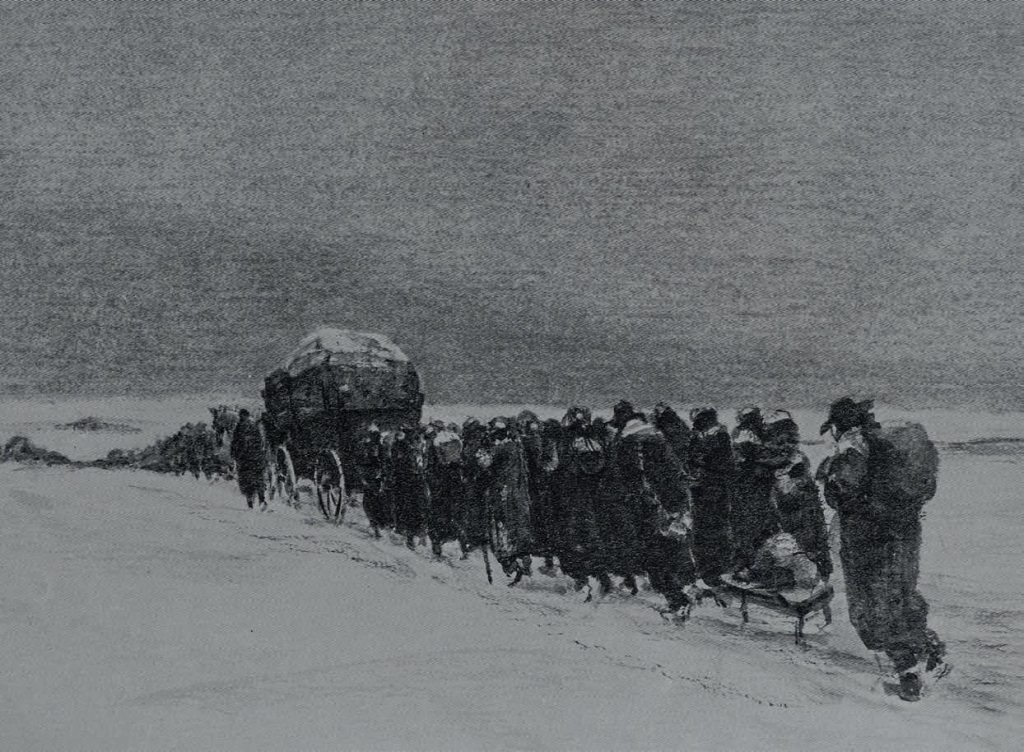 Fritz Husmann, Zeichnung aus dem Zyklus „Aus Tagen der Not“: ein Flüchtlingstreck mit Pferdewagen und Schlitten zieht durch eine verschneite Landschaft