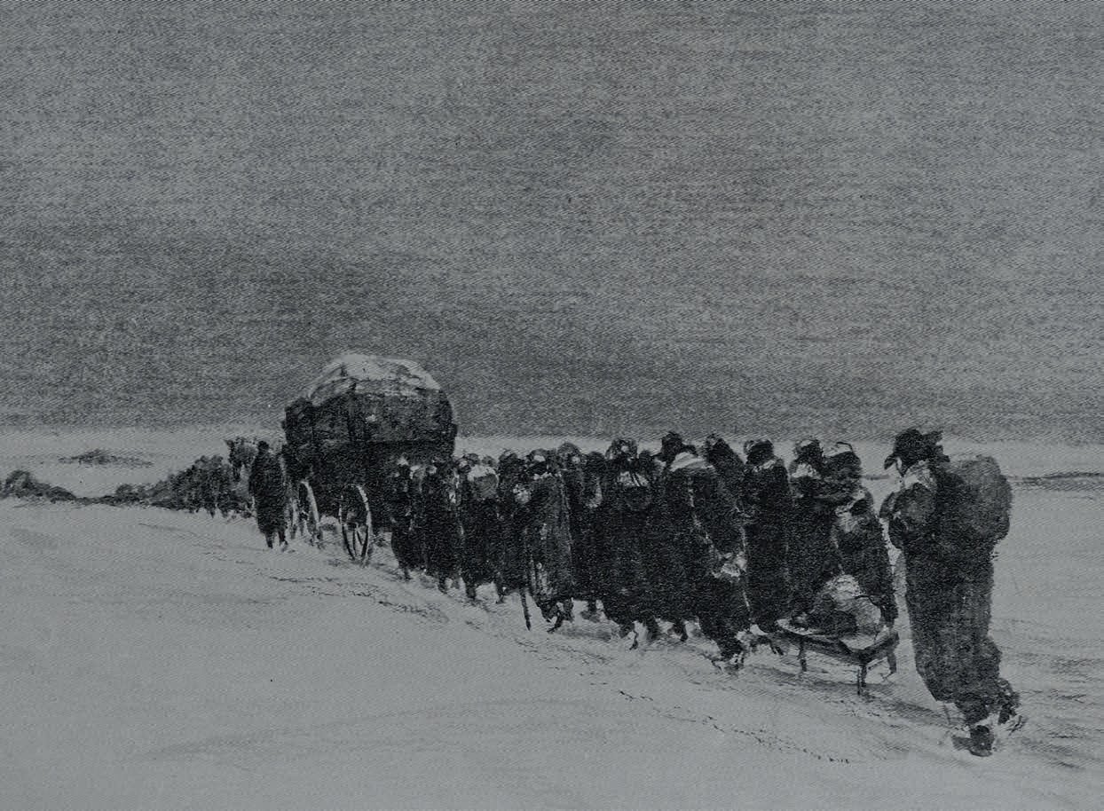 Fritz Husmann, Zeichnung aus dem Zyklus „Aus Tagen der Not“: ein Flüchtlingstreck mit Pferdewagen und Schlitten zieht durch eine verschneite Landschaft